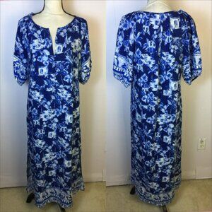 Loft Corfu Weekend Midi Dress Sz L Womans Blue Tropical Print Short Puff Sleeve
